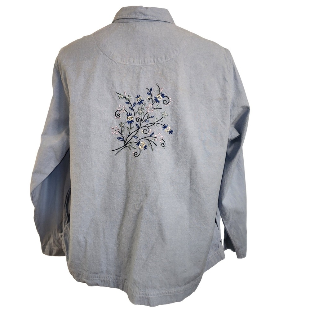 Cherokee Womens XL Light Blue Cotton Full Zip Embroidered Floral Jacket Vintage